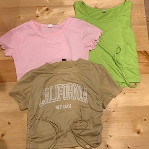 scrunched crop top bundle of 3 neon green light pink California graphic tee